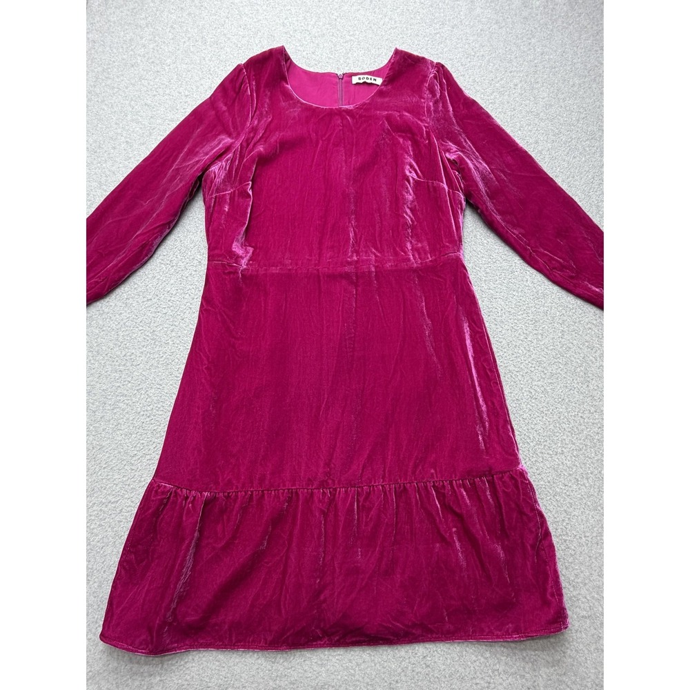 Boden Velvet Dress Womens Medium Pink Scoop Neck Long Sleeve Shift Midi Ruffle - Picture 8 of 16
